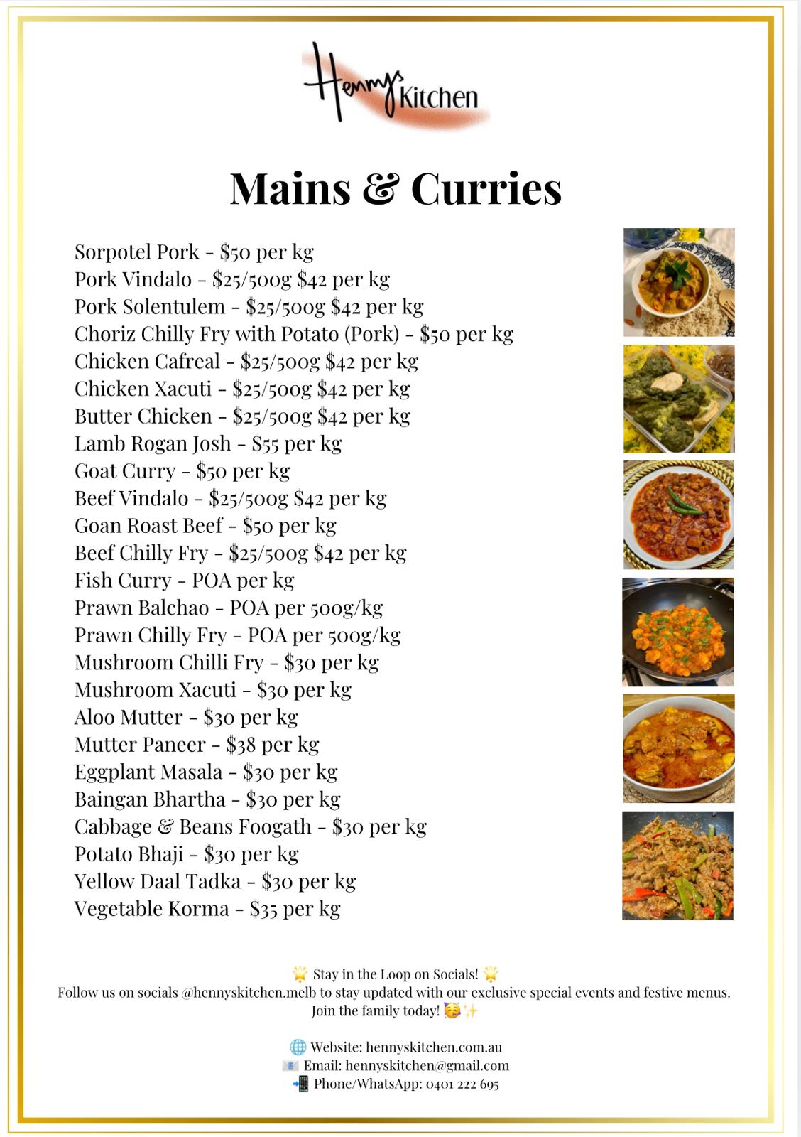 STANDARD MENU COPY - PLEASE CONTACT TO DISCUSS ORDERING