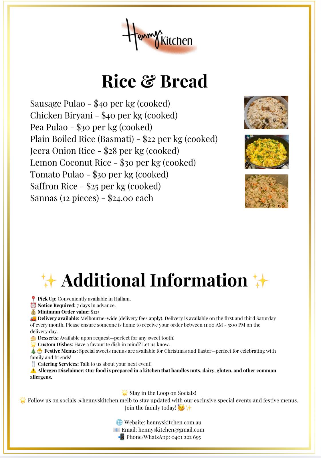 STANDARD MENU COPY - PLEASE CONTACT TO DISCUSS ORDERING