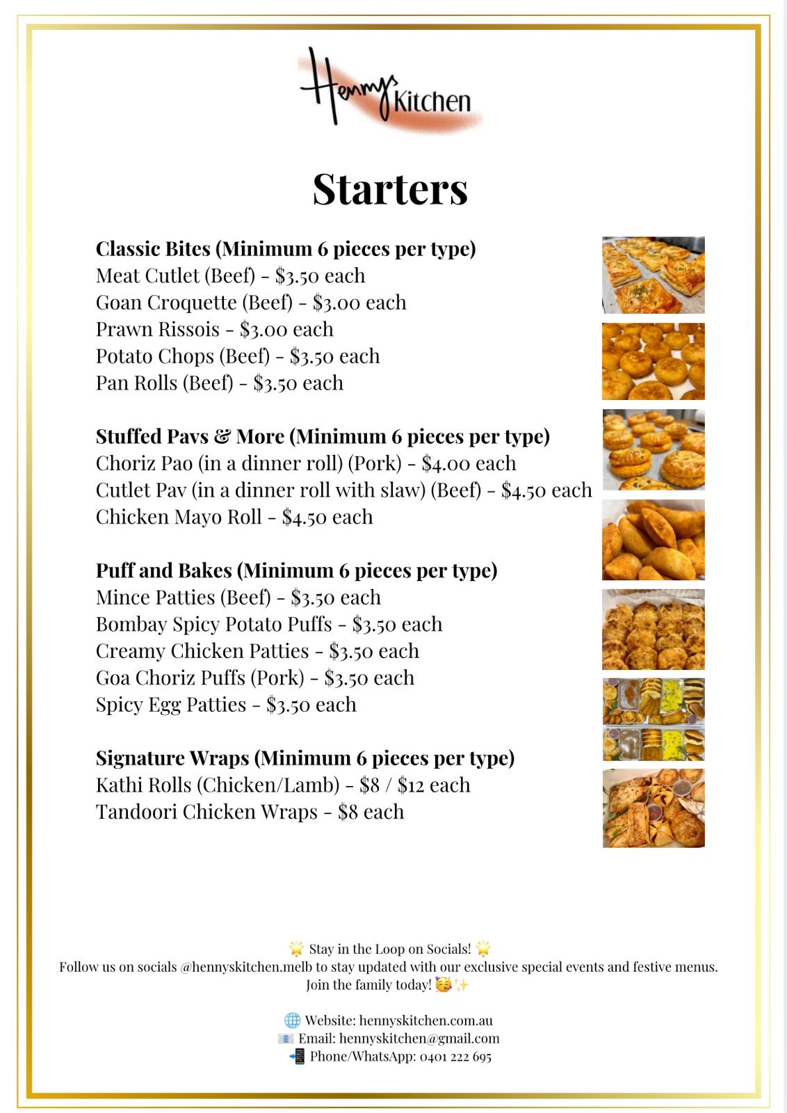 STANDARD MENU COPY - PLEASE CONTACT TO DISCUSS ORDERING